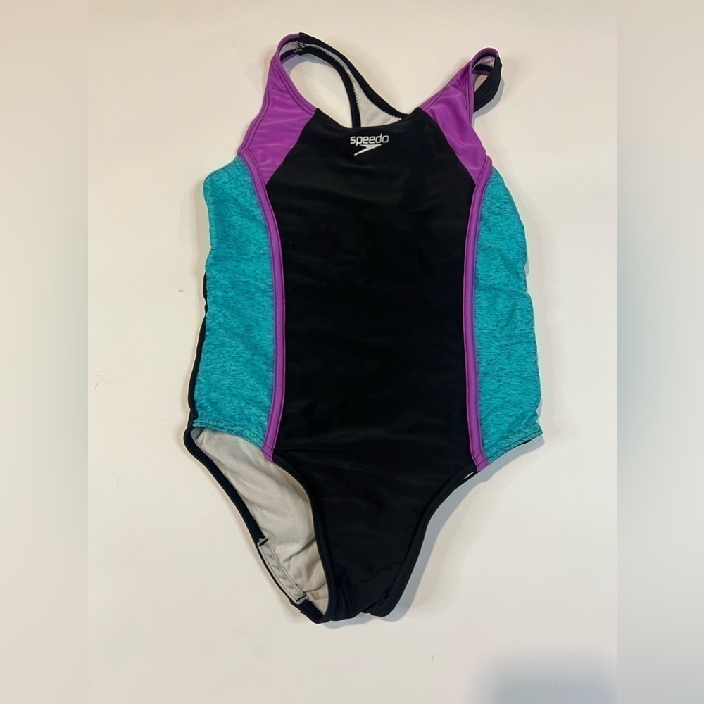 Speedo Youth One Piece Swimsuit Medium Black Teal Purple